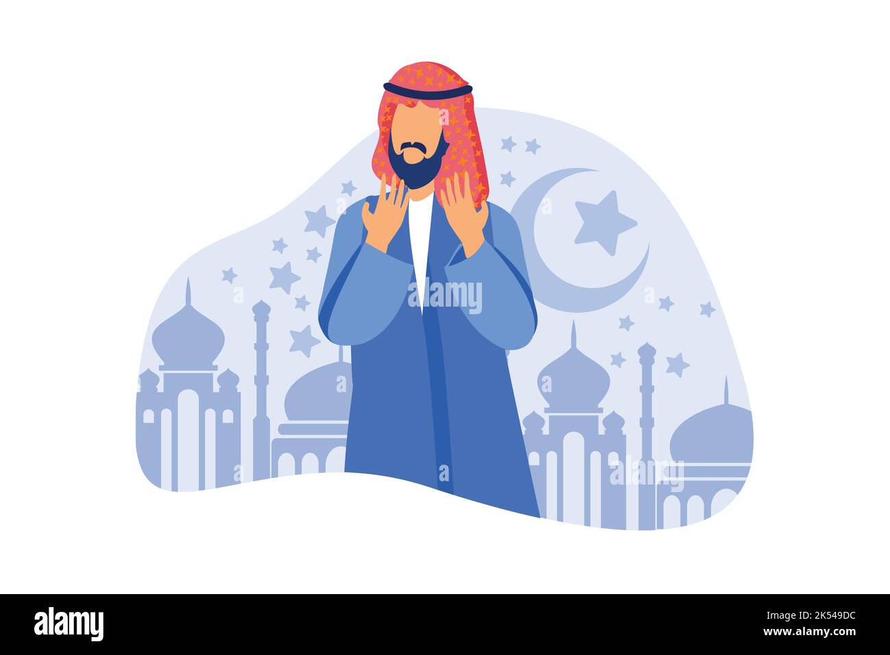 Muslim man praying illustration. ramadan mubarak 1441 H. Holy month template arabian character wearing culture outfit. flat design style for ui, greet Stock Vector