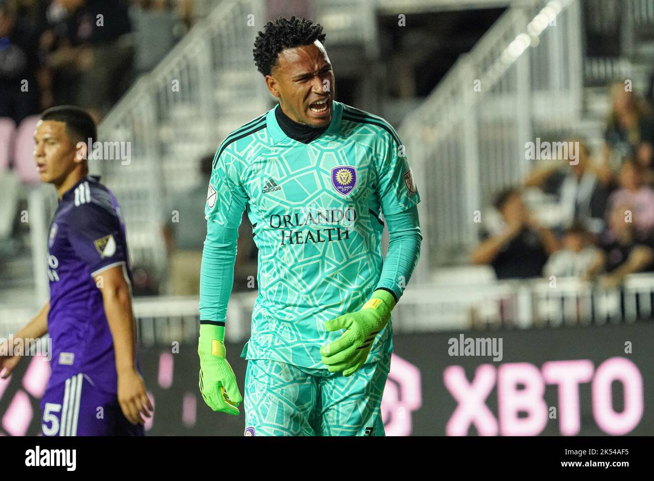 Fort Lauderdale, Florida, USA, October 5, 2022, Orlando City Goalkeeper Pedro Gallese #1 visually upset during the match at Drive Pink Stadium.  (Photo Credit:  Marty Jean-Louis) Stock Photo