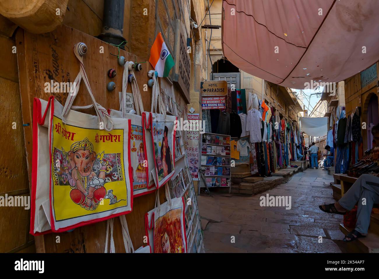 Jaisalmer, Rajasthan, India - October 13, 2019 : Colourful bags and hand bags are displayed for sale to tourists in market place Inside Jaisalmer Fort Stock Photo