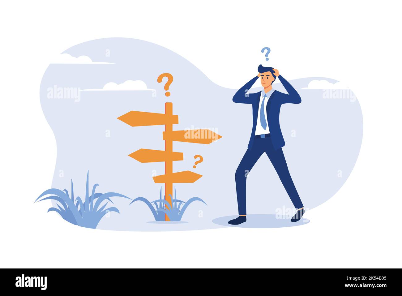 Pensive businessman making decision. Man in office suit standing at road direction signs. Vector illustration for opportunity, solution, idea concept Stock Vector