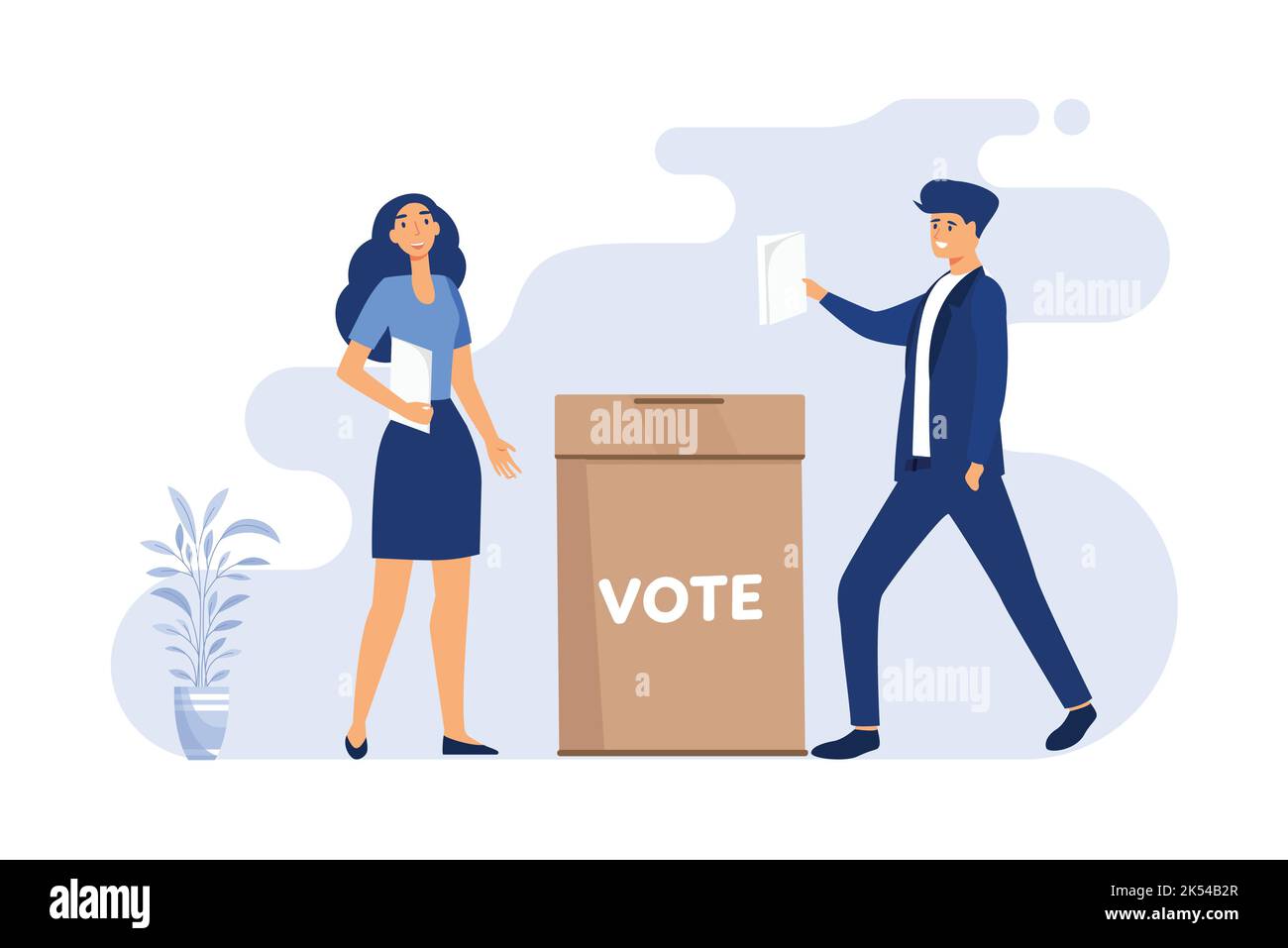 Voter holding paper voting ballot in hand for election. People standing at vote box flat vector illustration. Democracy, referendum choice concept for Stock Vector