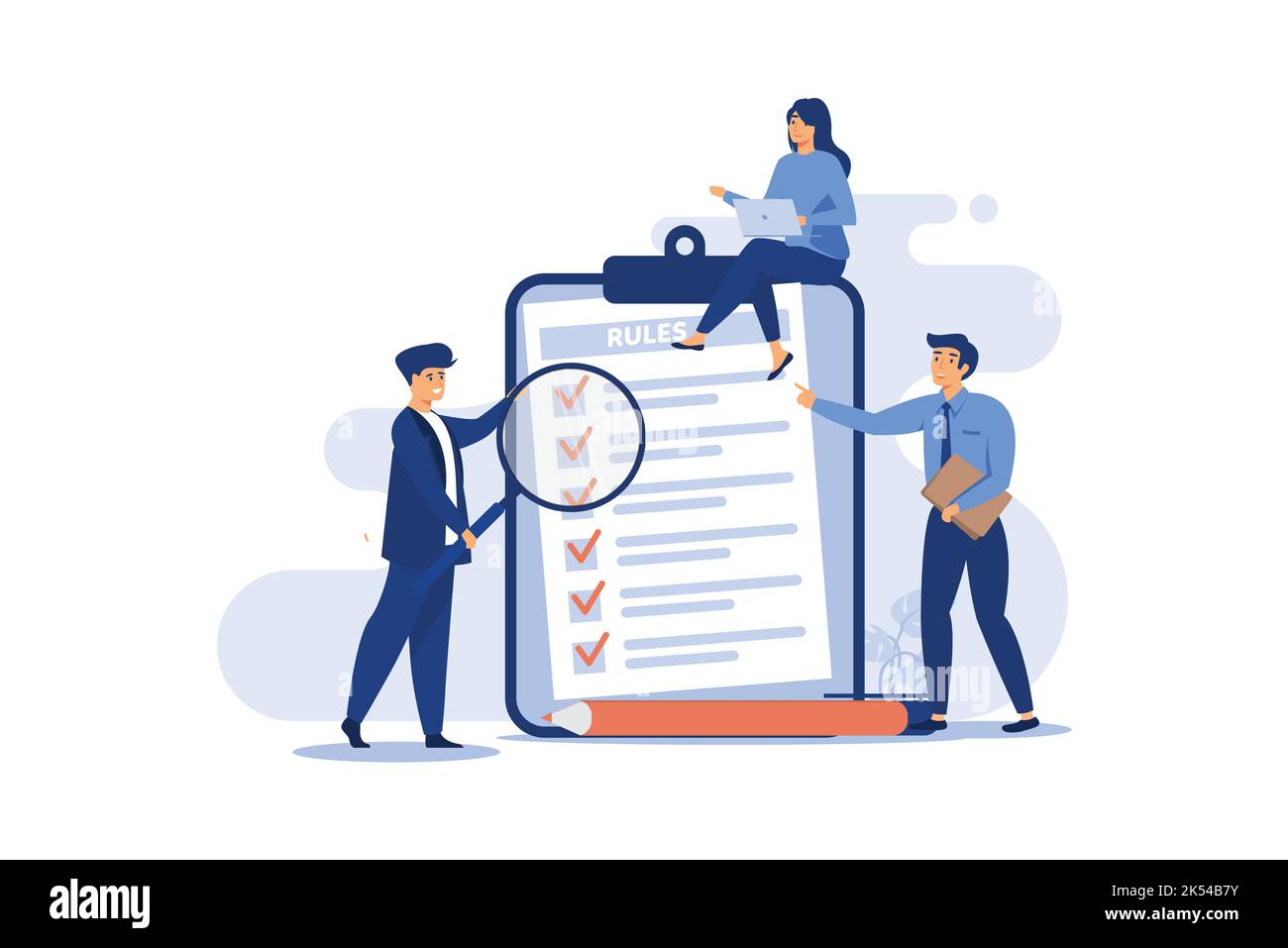 Business people studying list of rules, reading guidance, making checklist. Vector illustration for company order, restrictions, law, regulations conc Stock Vector