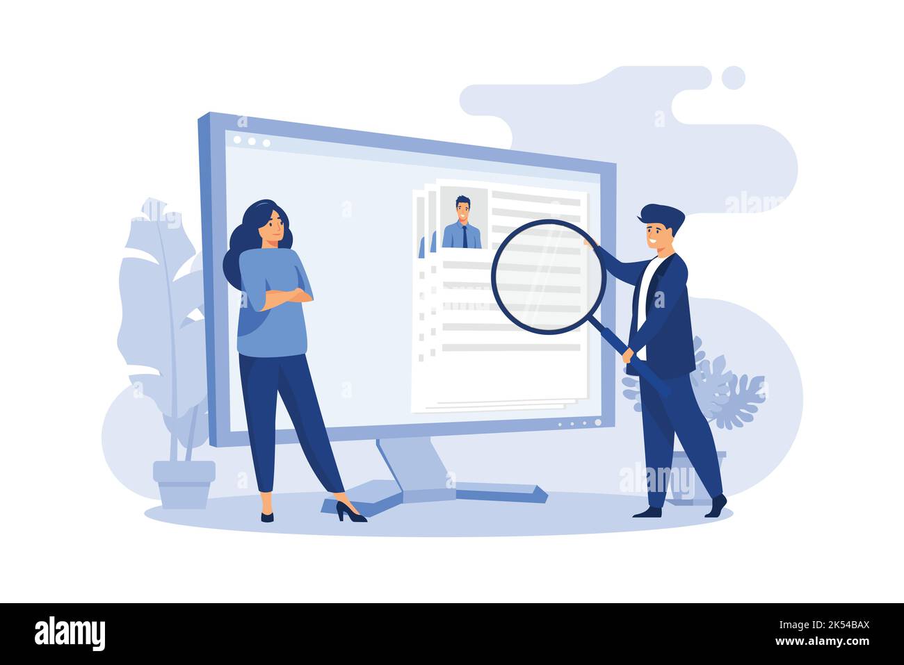 Tiny HR manager looking for candidate for job. Interview, magnifier, computer screen flat vector illustration. Career and employment concept for banne Stock Vector
