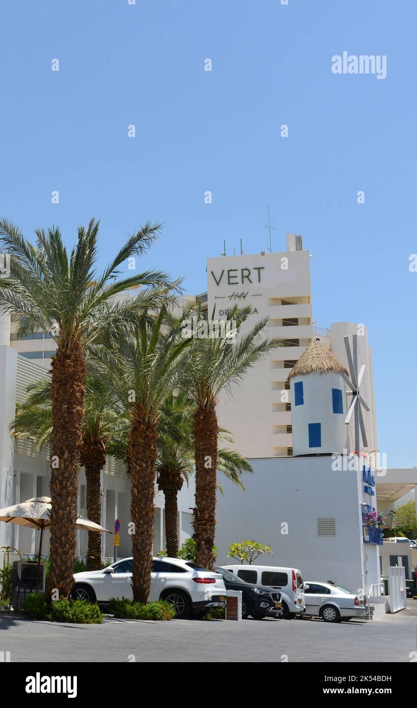Milos Dead Sea hotel with the Vert hotel behind it. Ein-Bokek, Israel. Stock Photo
