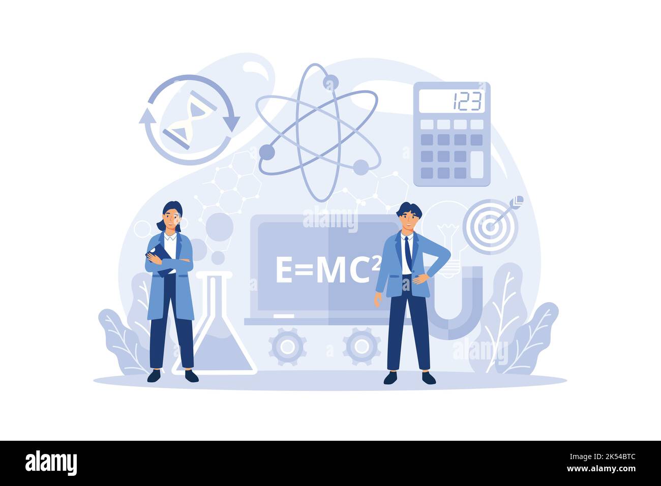 Physics school subject concept. Scientist explore electricity, magnetism, light wave and forces. Theoretical and practical study. Physics course and l Stock Vector