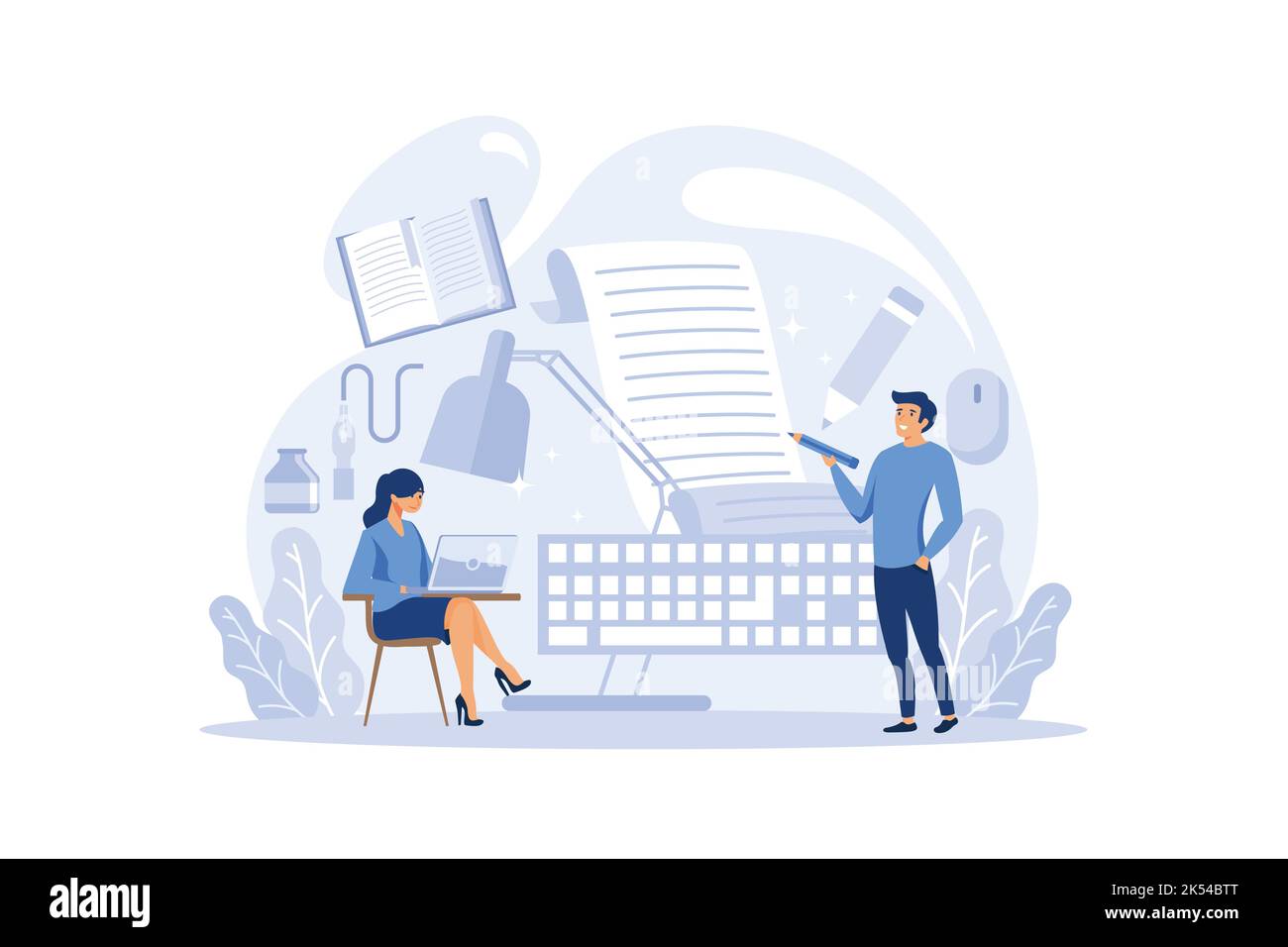 Professional writer or journalist concept illustration. Idea of creative people and profession. Author writing script of a novel. Isolated vector illu Stock Vector