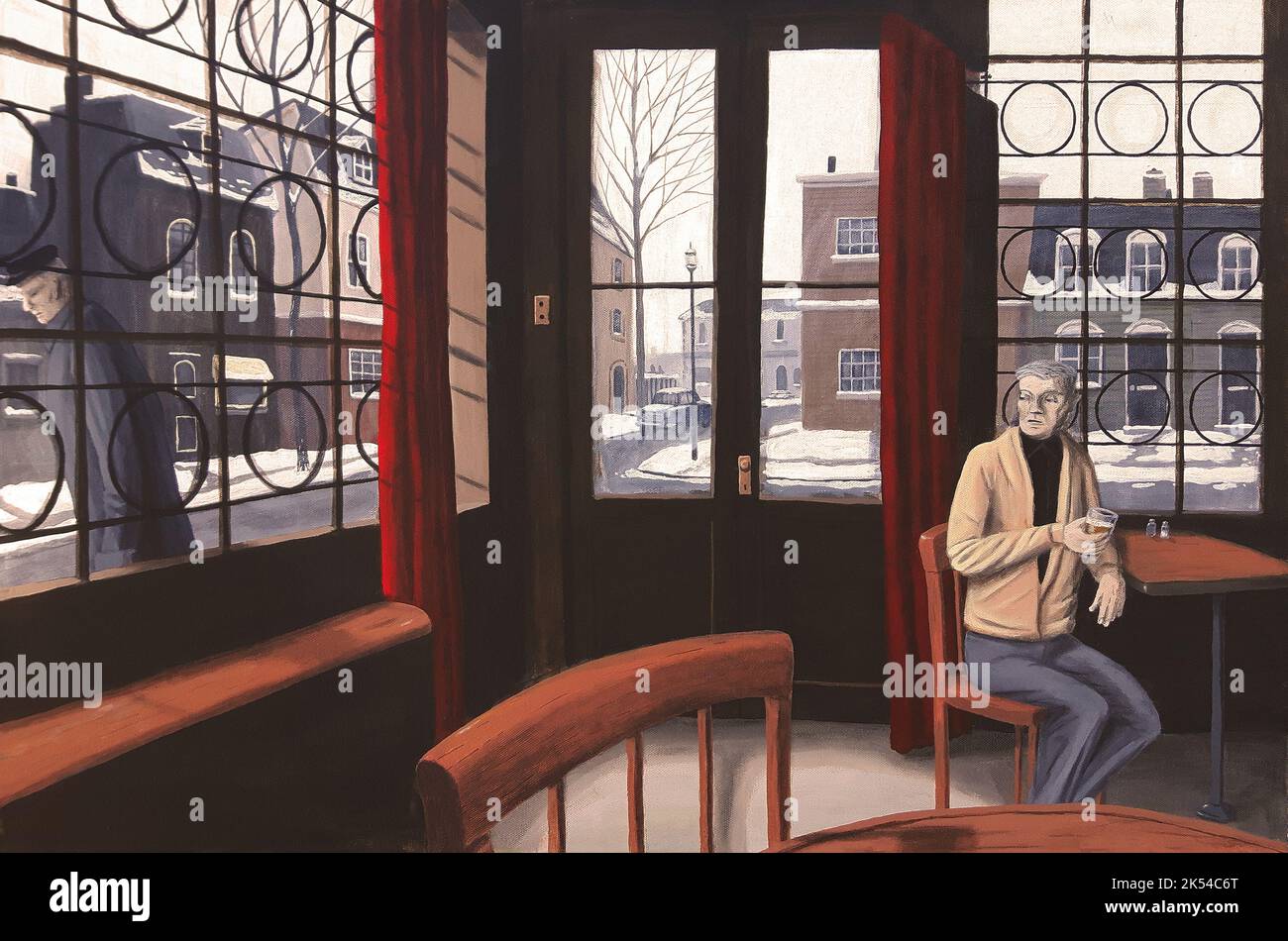 Interior scene of a small Amsterdam pub as a man has a beer and notices a stranger walking by the window. Stock Photo