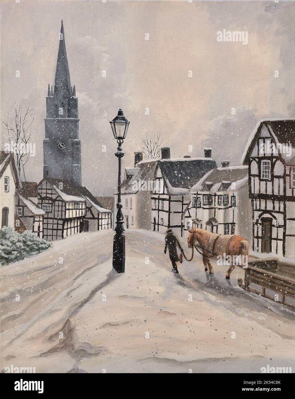 Vintage winter scene in the town of Weobley, England, better known as the 'Black and White Town' because of all the Tudor style buildings. Stock Photo
