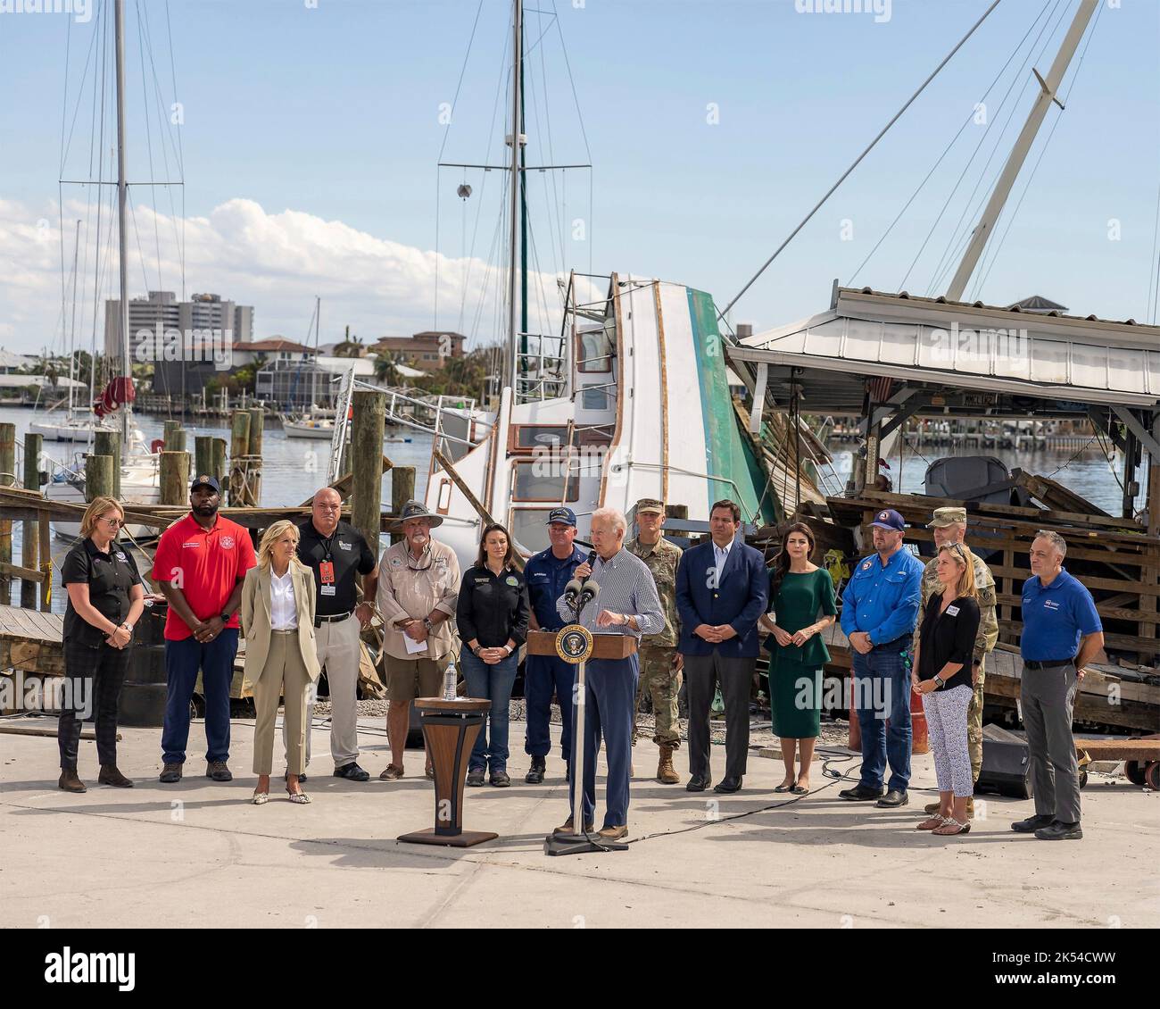 Fort Myers Beach, United States. 05th Oct, 2022. U.S. President Joe Biden, delivers remarks during a visit to view the damage from Hurricane Ian at Fishermans Wharf, October 5, 2022 in Fort Myers Beach, Florida. Credit: Adam Schultz/White House Photo/Alamy Live News Stock Photo