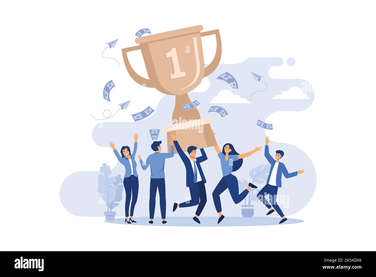 Team of tiny office people employees winning gold cup flat vector illustration. Cartoon happy characters with award or trophy. flat design modern illu Stock Vector