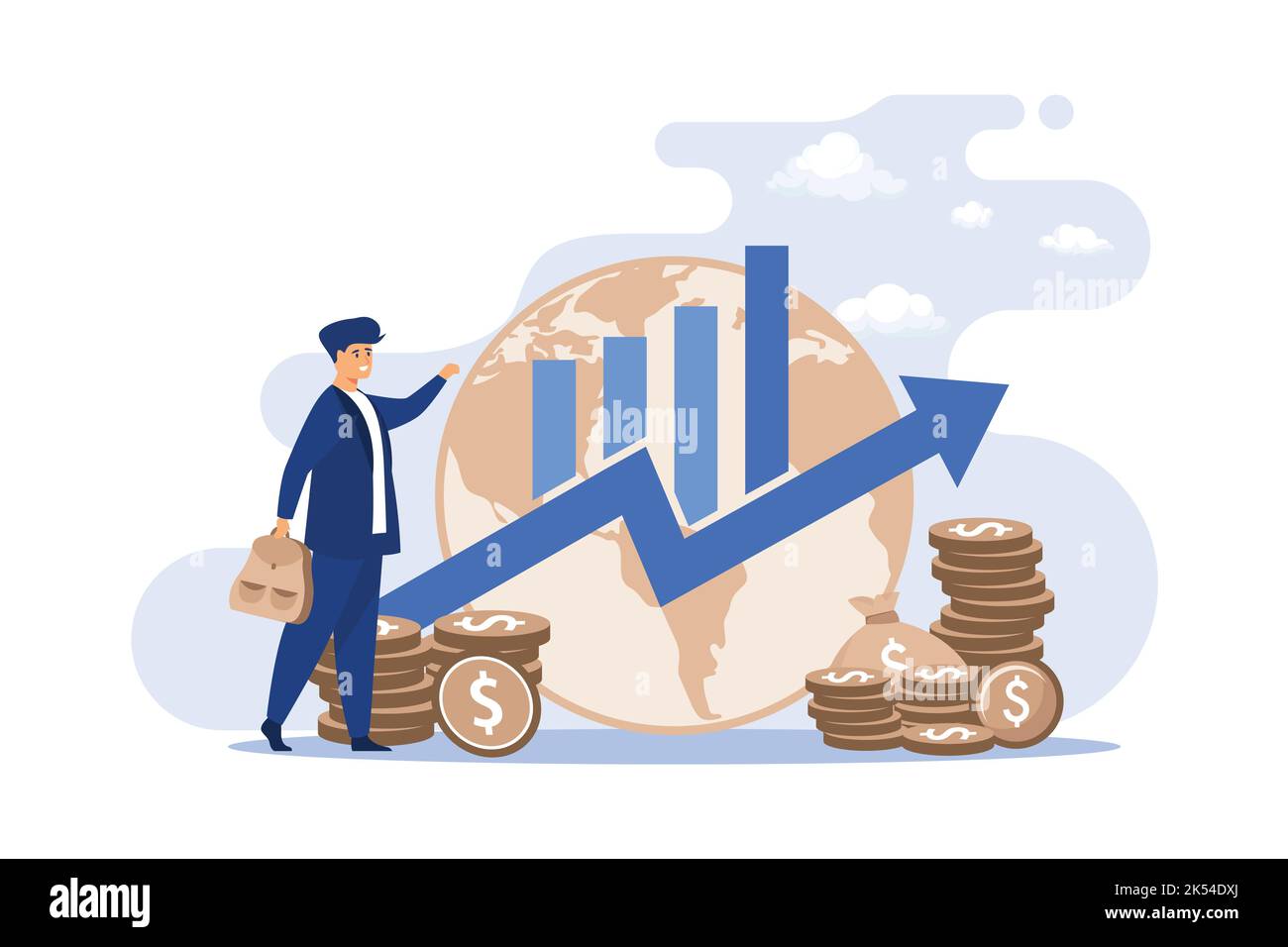 Gross domestic product concept. Growth arrow chart with globe, stacks of money, happy tiny professional. flat design modern illustration Stock Vector
