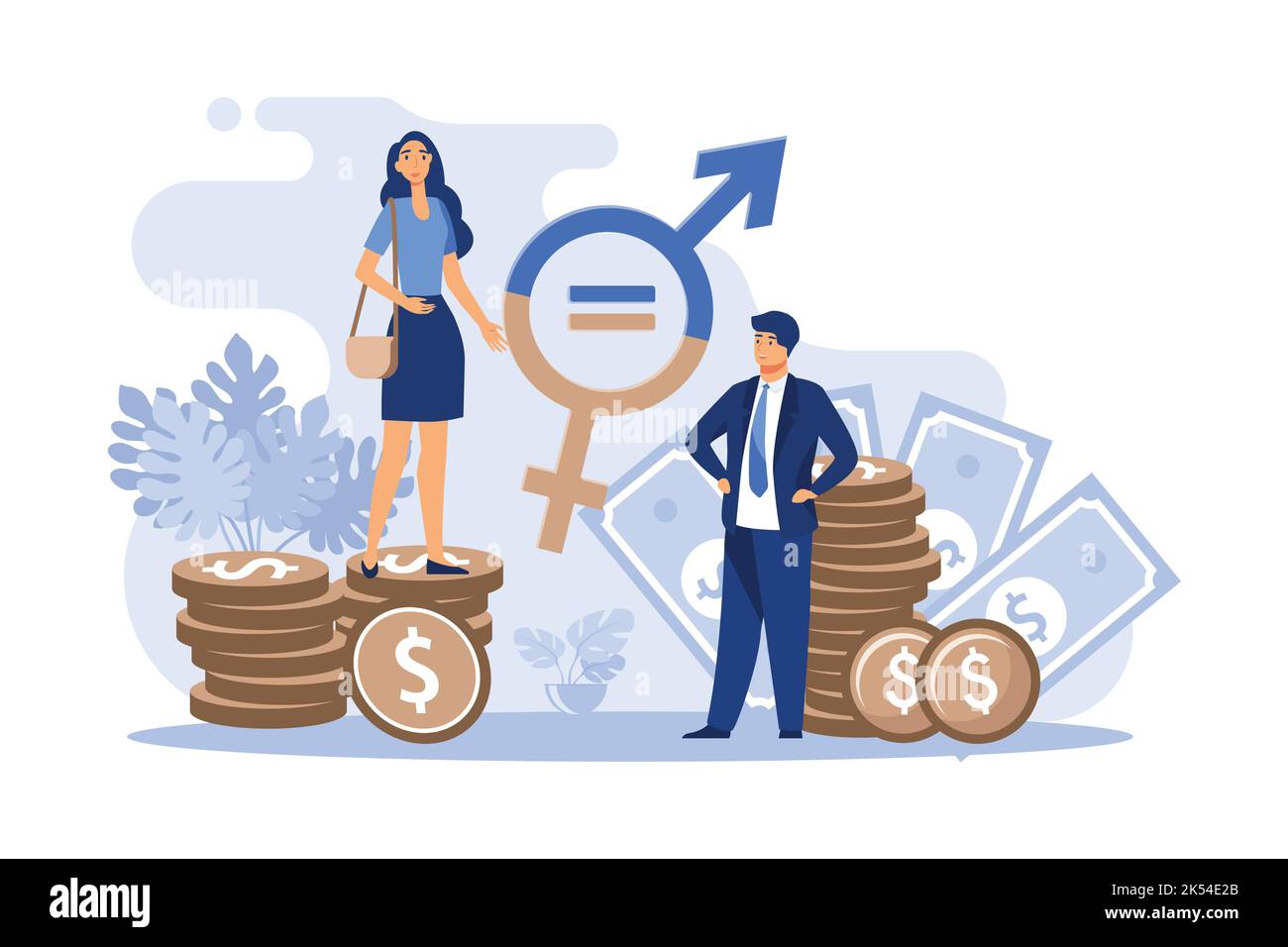 Gender wage equality in business isolated flat vector illustration. Happy female and male tiny characters working together with respect. Diversity, to Stock Vector
