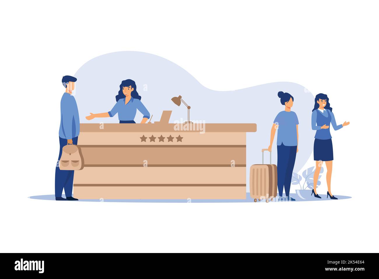 Friendly receptionists from hotel registration desk help client vector illustration. People waiting in queue for consultation. Concierge talking with Stock Vector