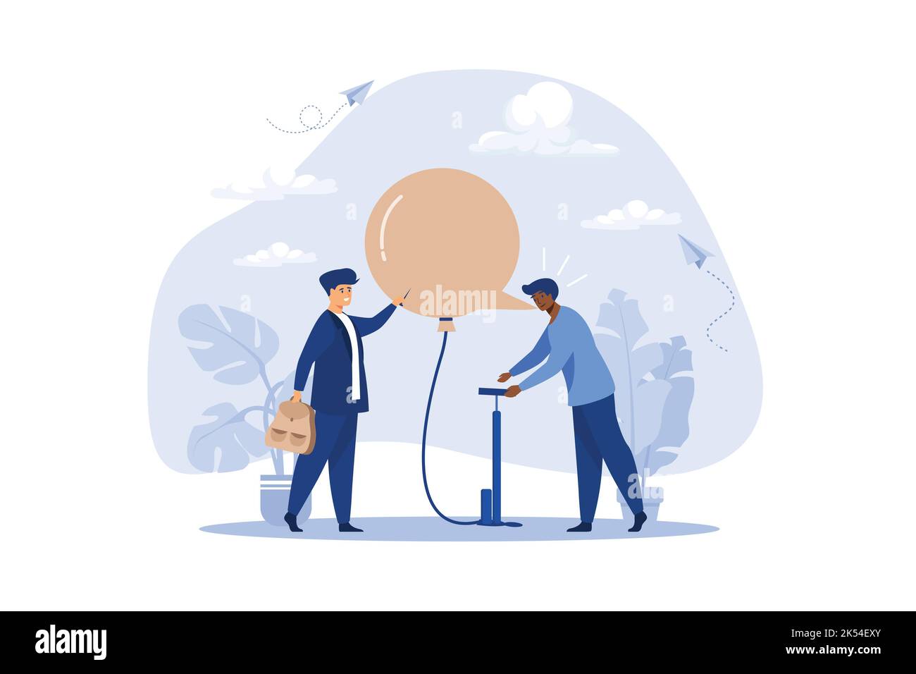 African American black working man inflating message bubble but white man using needle to pop burst it. Inequality and injustice or racist and unequal Stock Vector