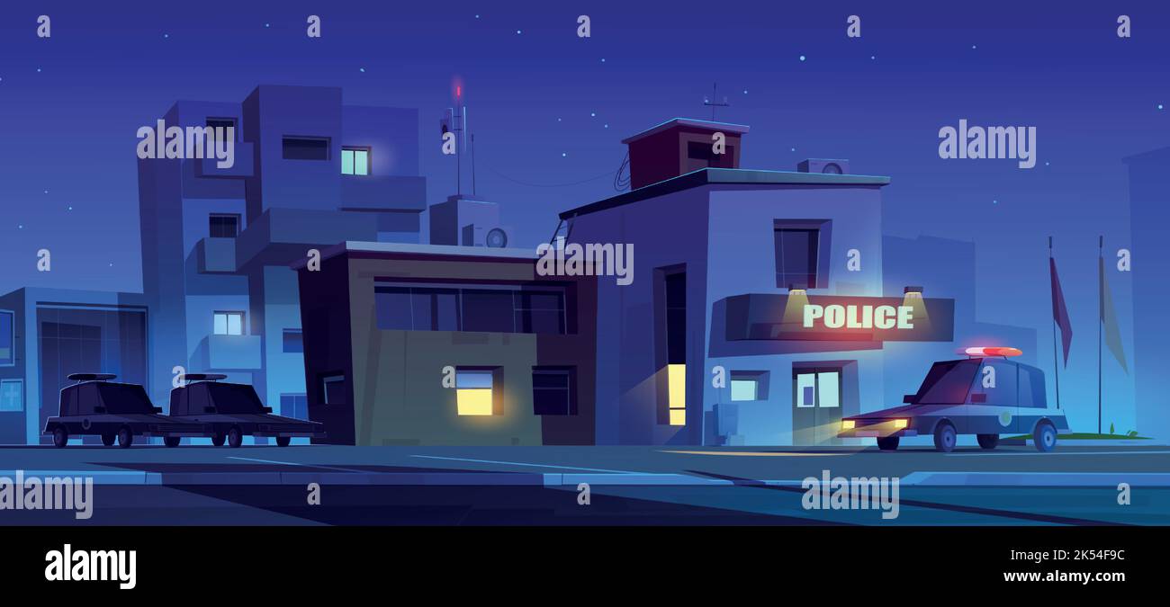 Police station building and patrol cars on parking at night. City street with precinct house, police department office facade and cop vehicles, vector cartoon illustration Stock Vector