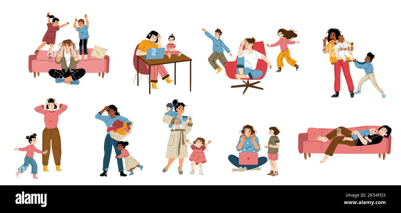 Set of tired mothers with children. Flat vector illustration of exhausted women working home, doing household duties, suffering headache, noisy kids playing around. Housewife overloaded with duties Stock Vector