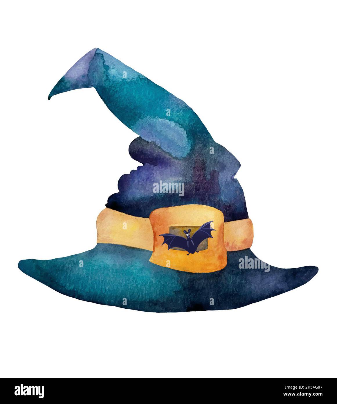 Watercolor illustration green witch hat with bat isolated on white