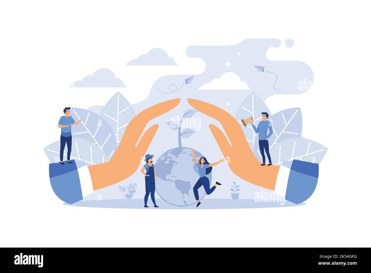 hands protect the planet from pollution. Save the planet concept., Plant a tree, save energy, Earth Day concept. flat design modern illustration Stock Vector
