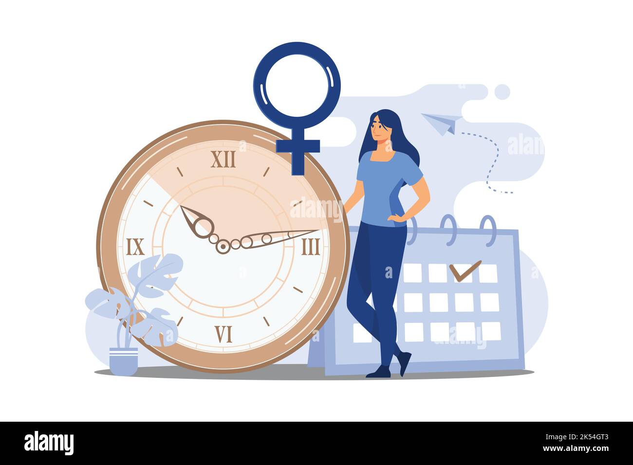 Young woman marks the date of her period in the online calendar. App for tracking menstrual cycle and ovulation, delayed menstruation. flat design mod Stock Vector