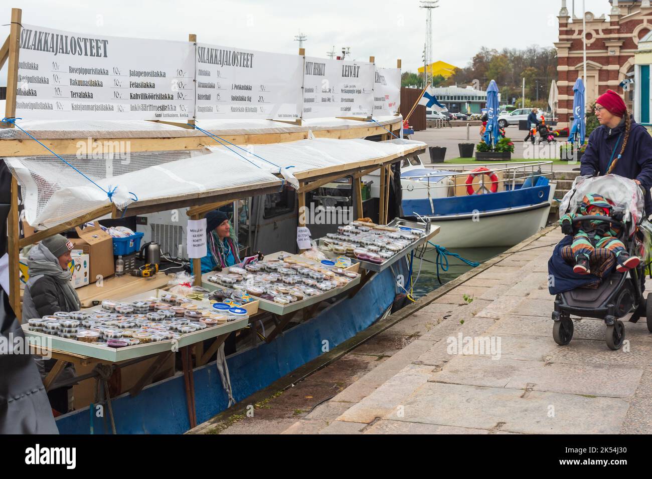 Traditional Helsinki Baltic Herring Market (Silakkamarkkinat) at Market square in Helsinki Finland Stock Photo