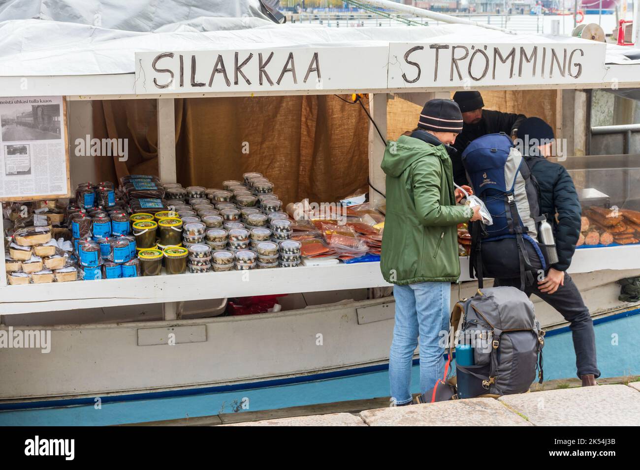 Traditional Helsinki Baltic Herring Market (Silakkamarkkinat) at Market square in Helsinki Finland Stock Photo