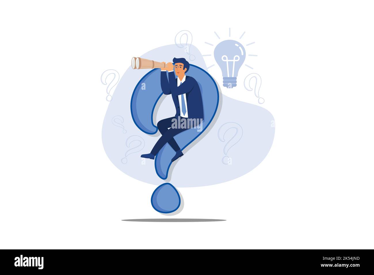 Curiosity explore unknown, curios businessman with huge question mark look through binoculars to search for new business idea. flat design modern illu Stock Vector