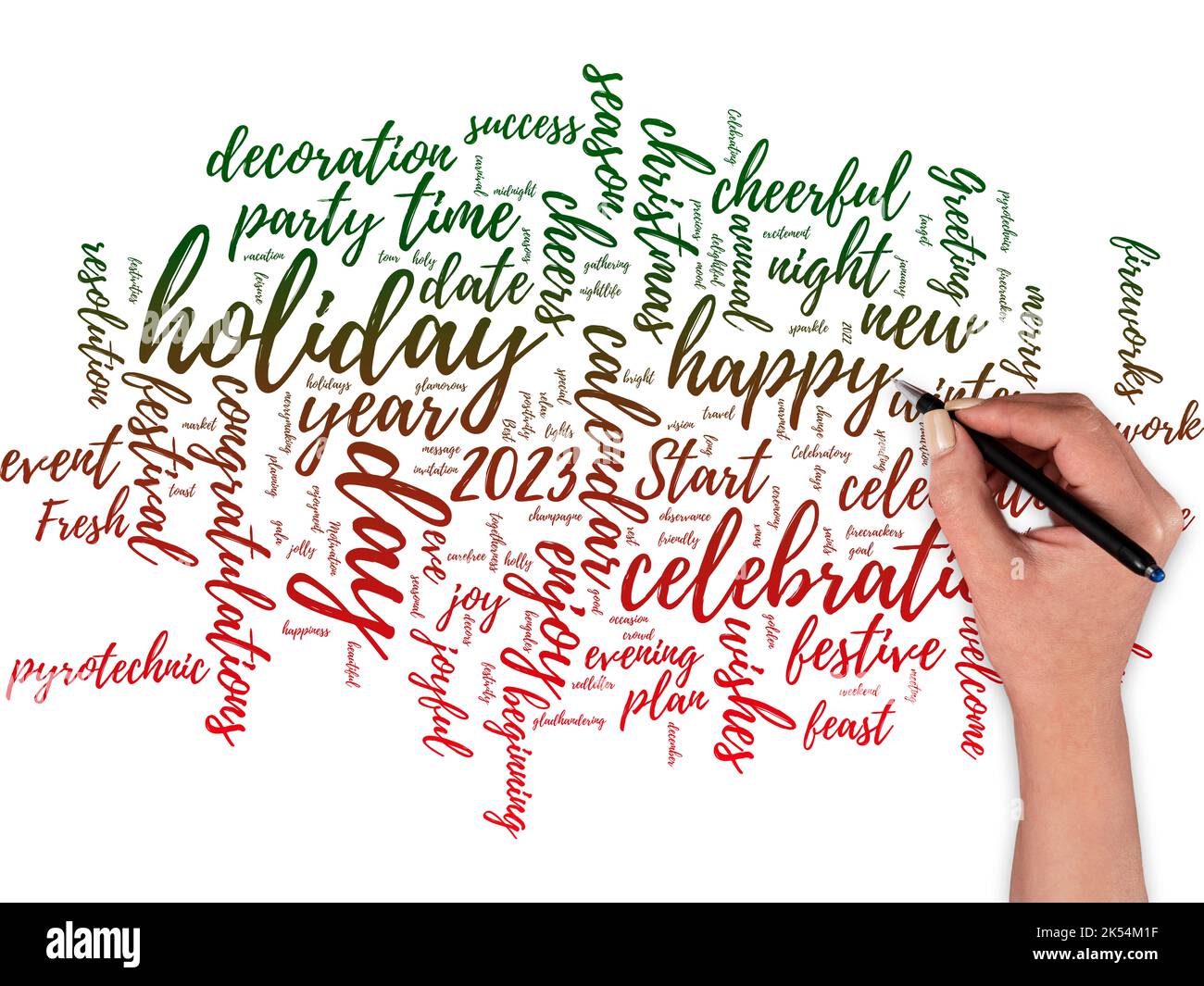 Big word cloud with happy holidays words with hand and pen. Greeting used to recognize the