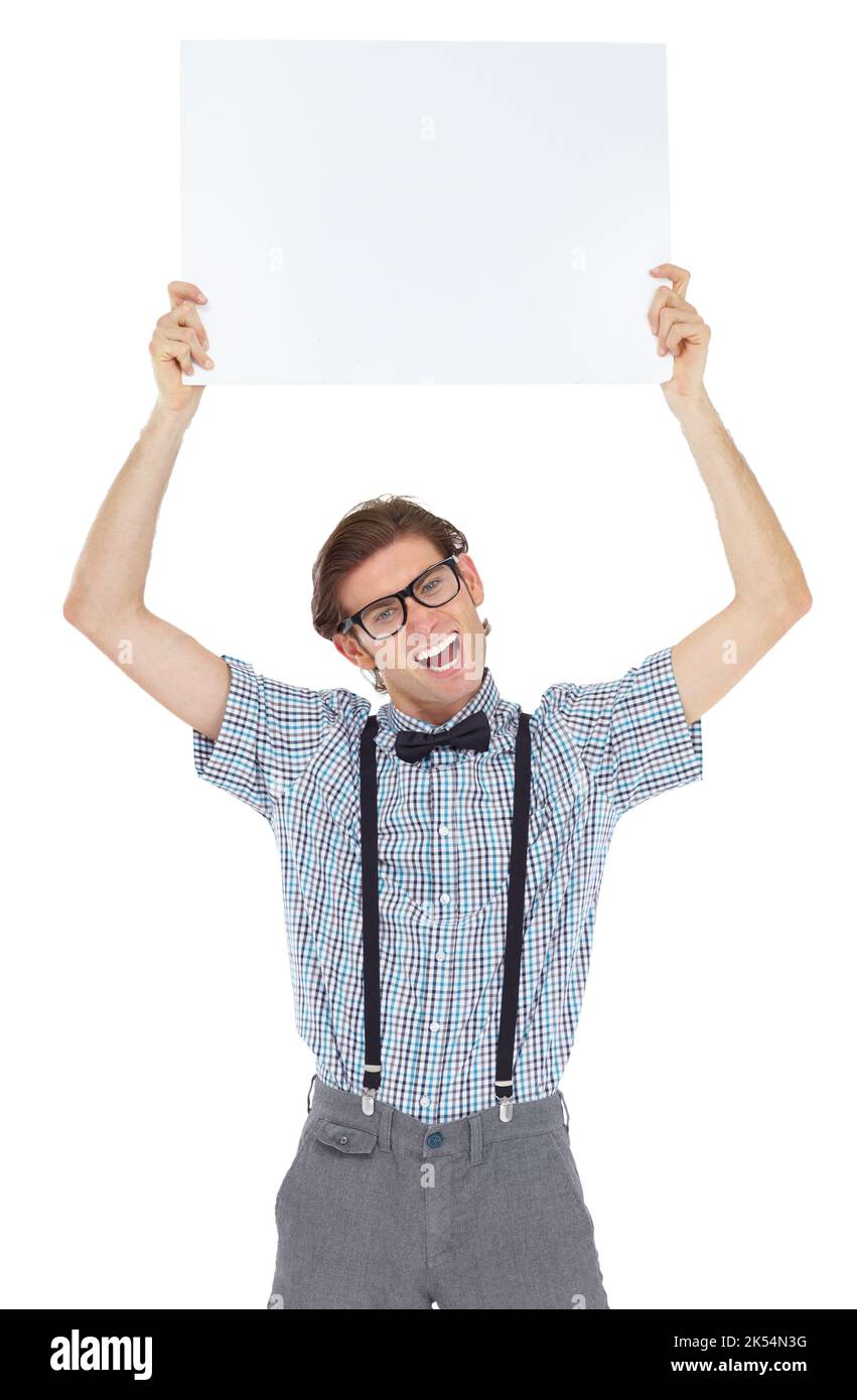 Endorsing your company with excitement. Portrait of an excited young man holding up a blank sign. Stock Photo