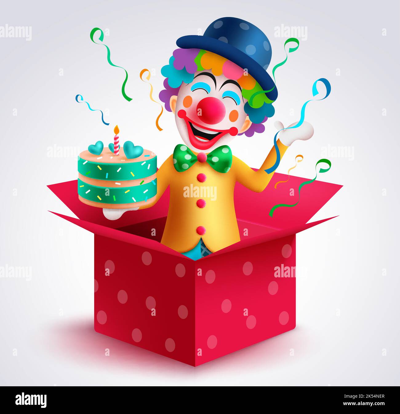 Clown character vector design. Birthday buffoon character wearing colorful party costume holding yummy cake inside the surprise gift box concept. Stock Vector