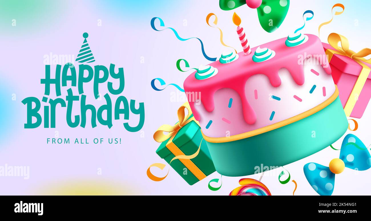 Birthday cake vector background design. Happy birthday greeting text with yummy cake element decoration for kids party occasion. Vector Illustration. Stock Vector