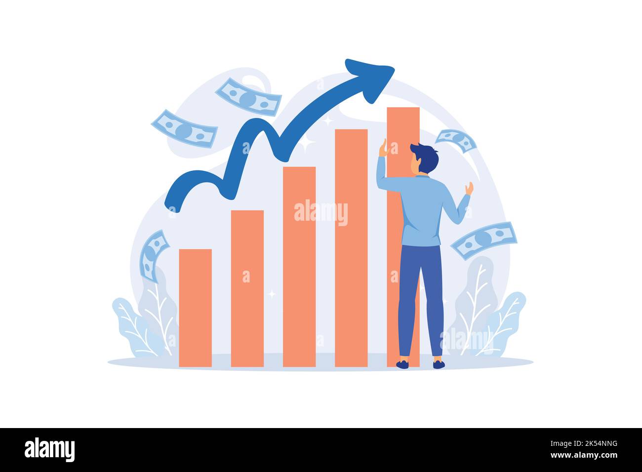 Profitable investment, funding flat vector illustration. Stock market income. Successful businessman standing on coins stack. Millionaire banker, fina Stock Vector