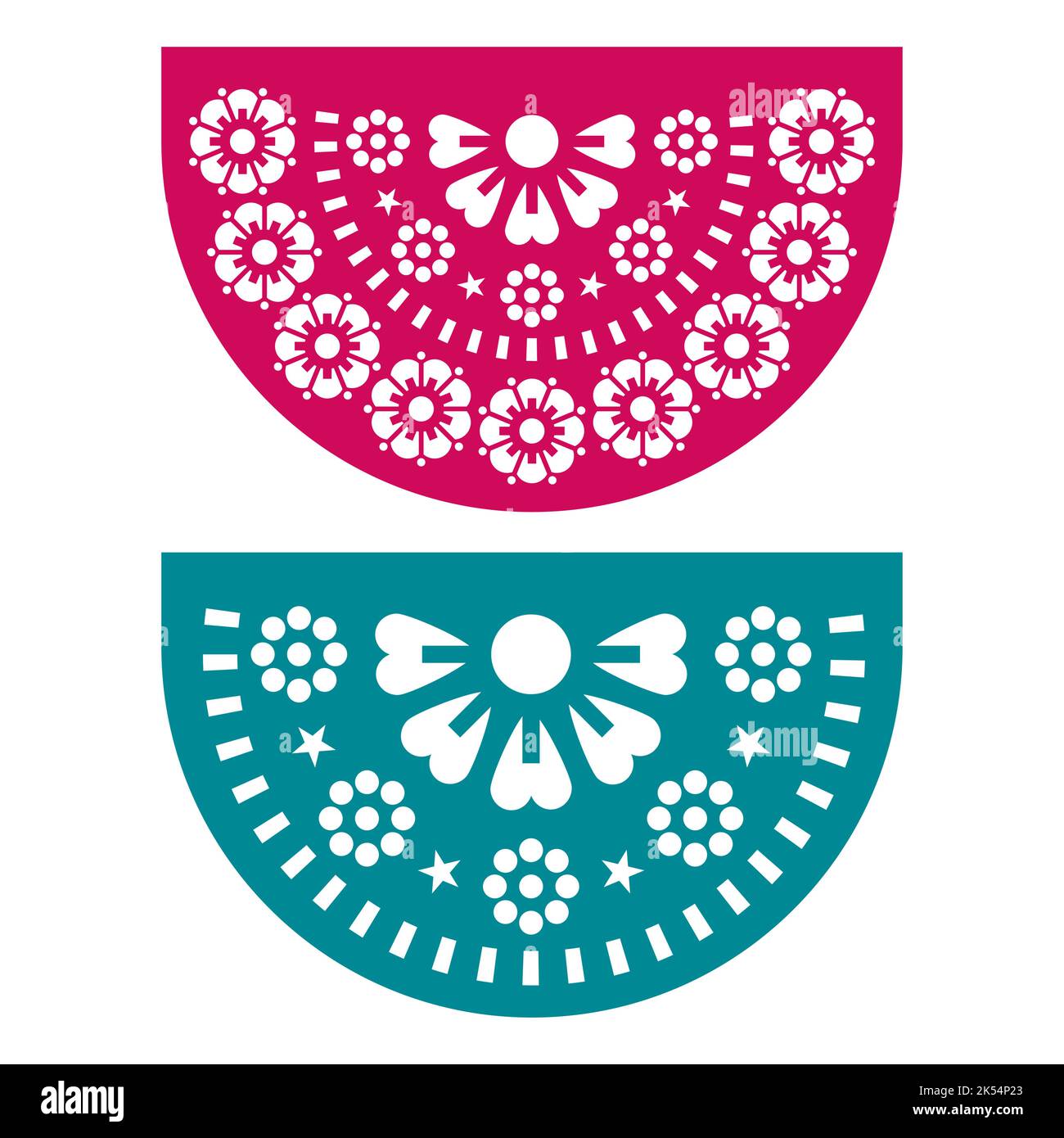 Papel Picado vector design set of two party decorations, Mexican fiesta garland decor with flowers and geometric shapes Stock Vector