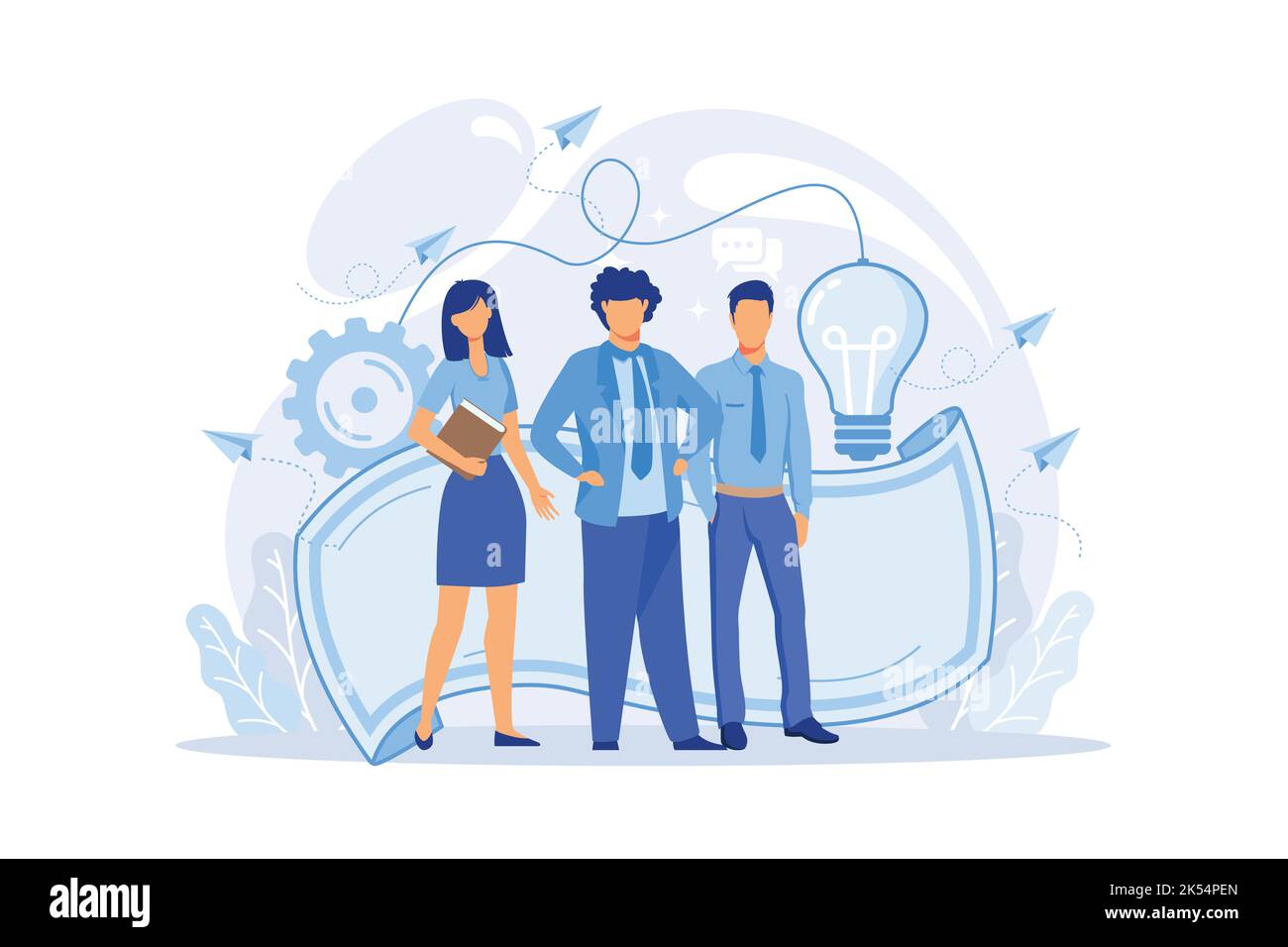 Our team. A group of smiling people making a welcome gesture on. Startup. Colleagues and friends. Stock Vector