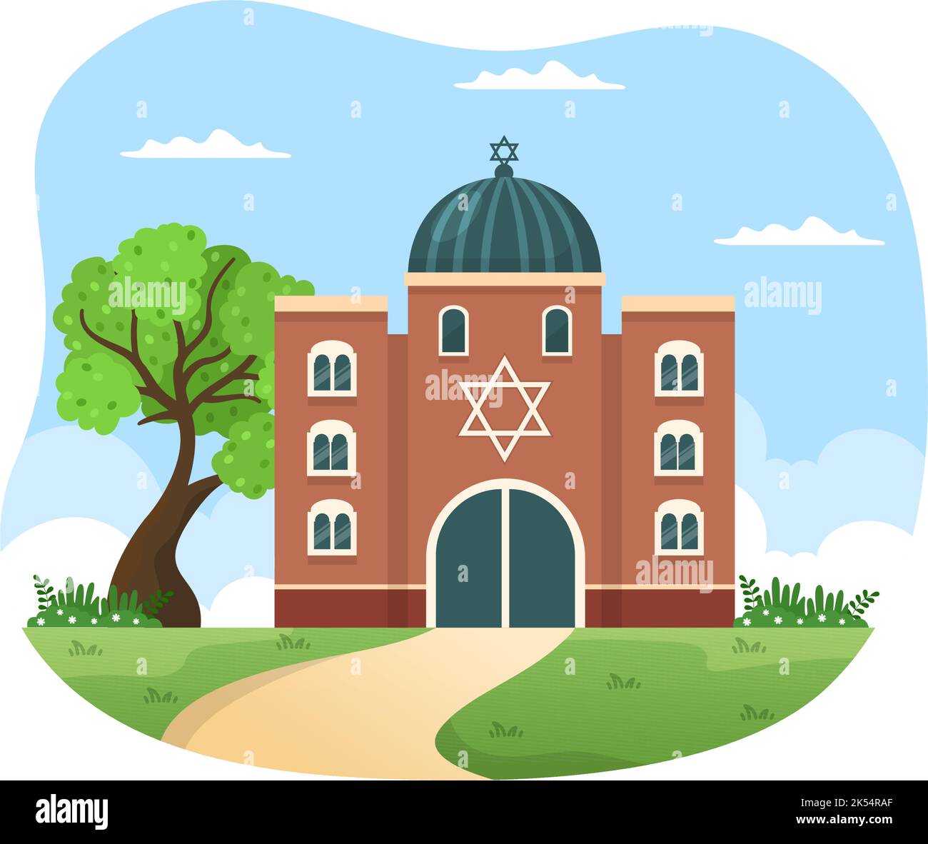 Synagogue Building or Jewish Temple with Religious, Hebrew or Judaism and Jew Worship Place in Template Hand Drawn Cartoon Flat Illustration Stock Vector
