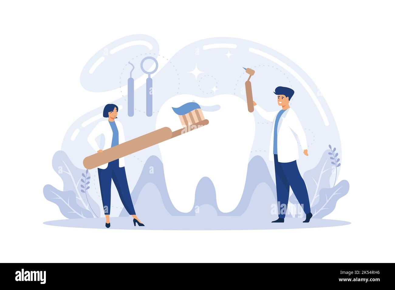 Dentist, doctor holding toothbrush with a big healthy tooth. flat vector illustration Stock Vector