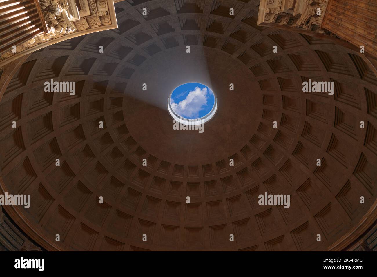 The Pantheon in Rome, Italy: the interior of the dome with its distinctive central hole, the “oculus”. Stock Photo