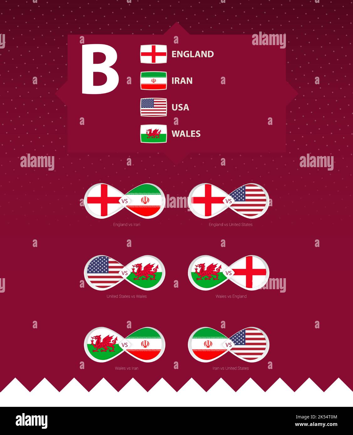 Group B of football tournament, flags and match icon set. Vector collection. Stock Vector