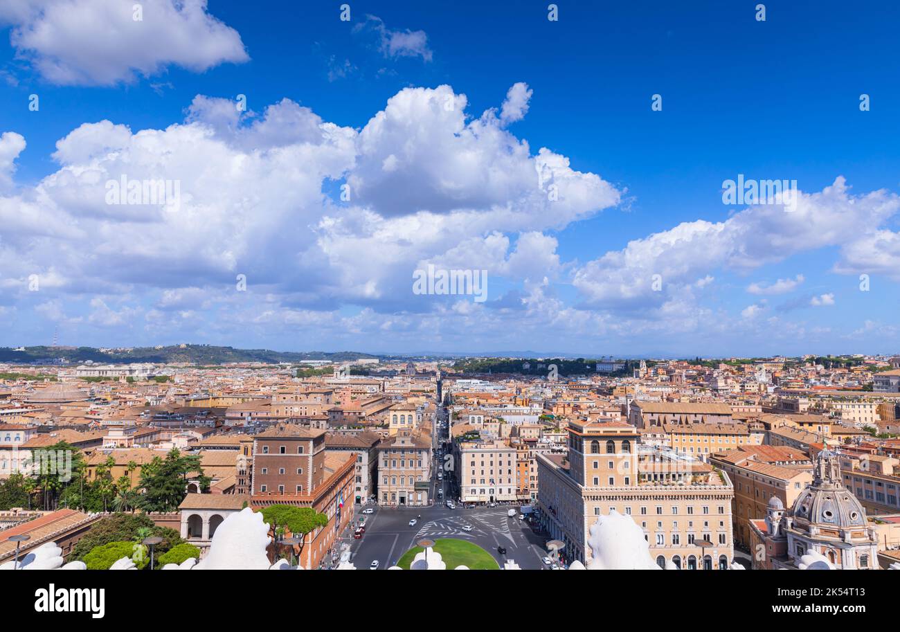 Rome skyline. View from Altar of the Fatherland or Vittoriano: in the center Venice Square and Via del Corso. Stock Photo