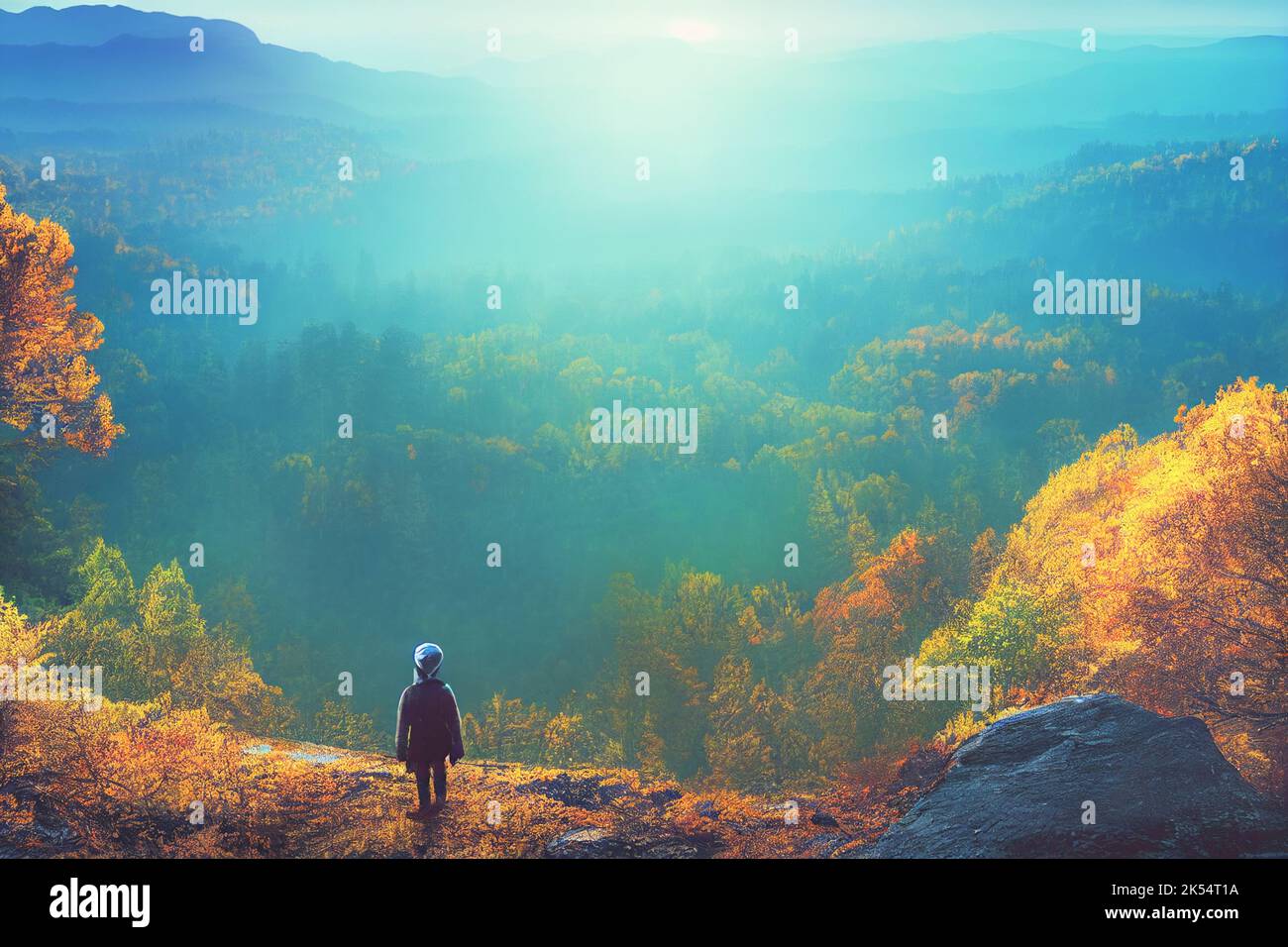 Intrepid traveler stands on cliff overlooking light autumn forest and