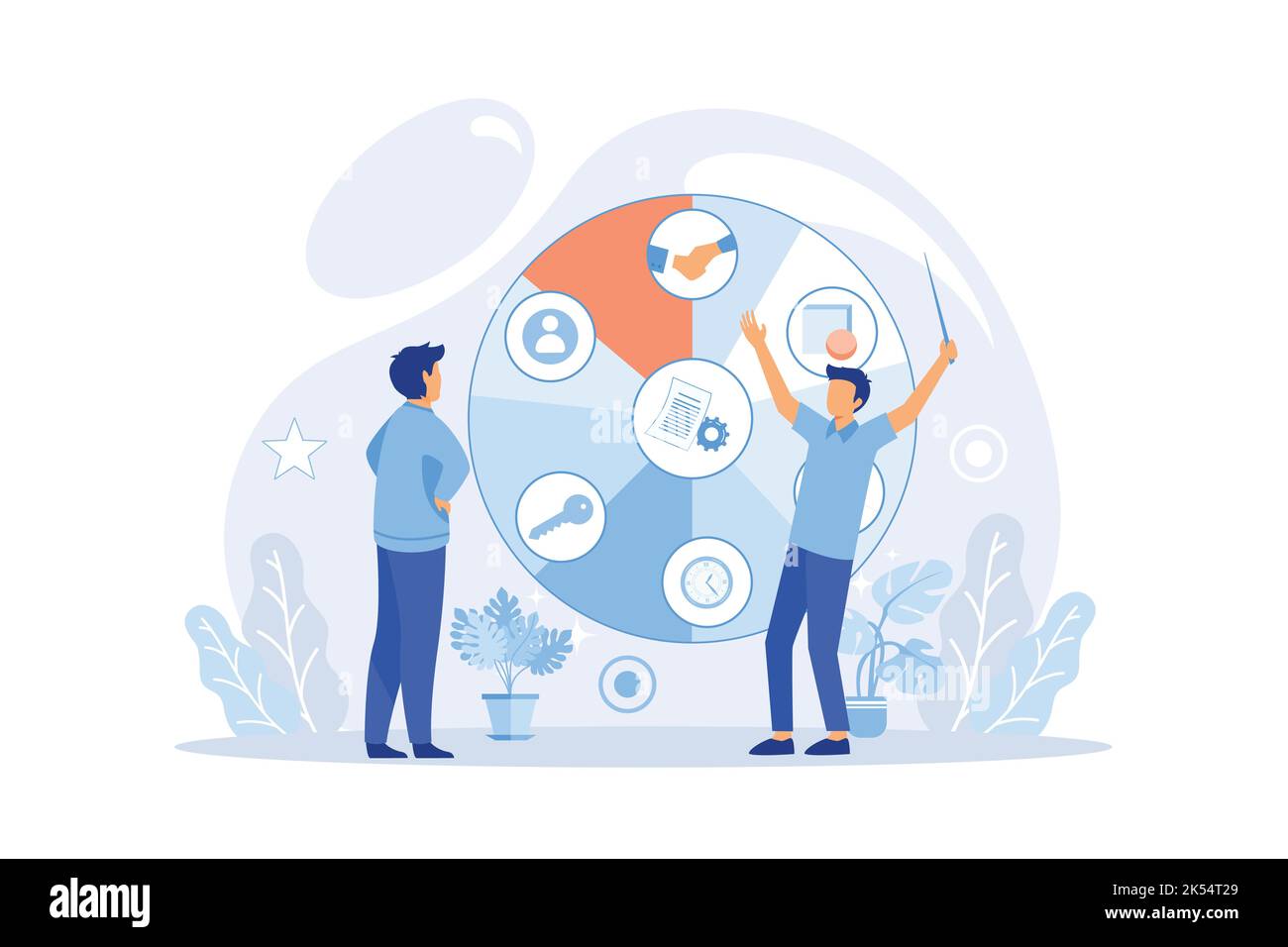 Coach speaking before audience. Mentor presenting charts and reports, Employees meeting at business training, seminar or conference. Stock Vector