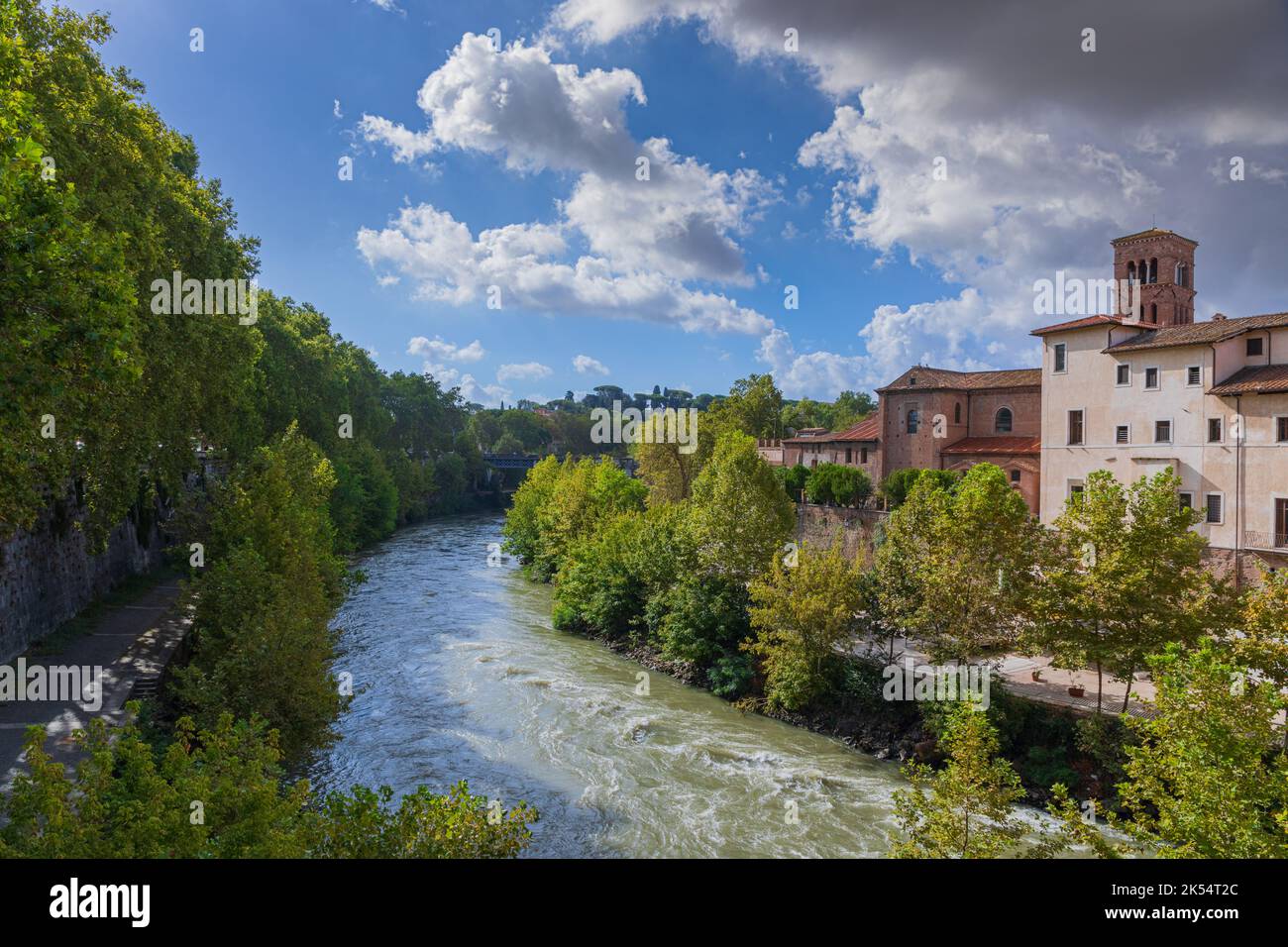 Tiber River in Rome, Italy: view of Tiber Island. Stock Photo
