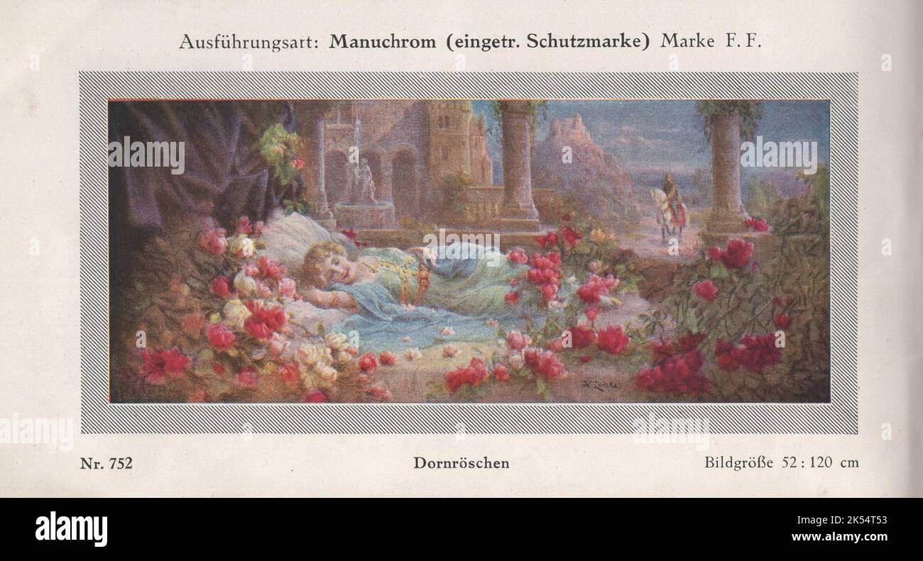 Reiner Farbenlichtdruck, Marke F. F. Dornröschen Nr. 752 Bildgröße 52 : 120 cm / Sleeping Beauty Stock Photo