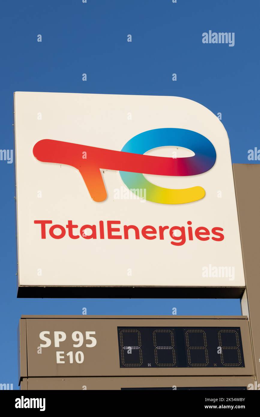 Calais, France - October 06, 2022 : Totalenergies, brand logo and company logo Total energies, gas station store Stock Photo