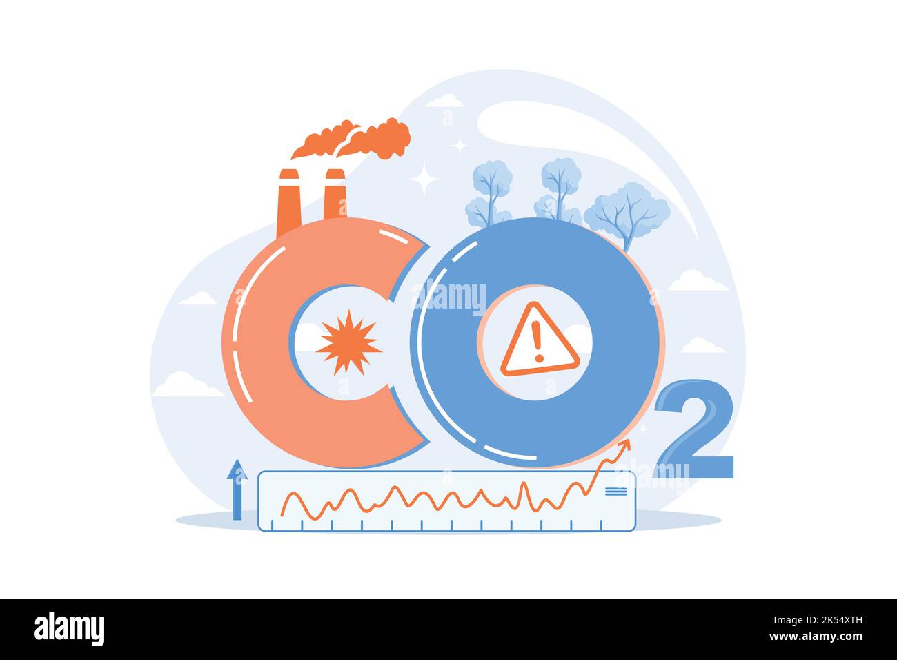 high levels carbon dioxide CO2 atmosphere. Industrial emissions affect changes in carbon dioxide concentration. Causes of climate change on planet. Pr Stock Vector