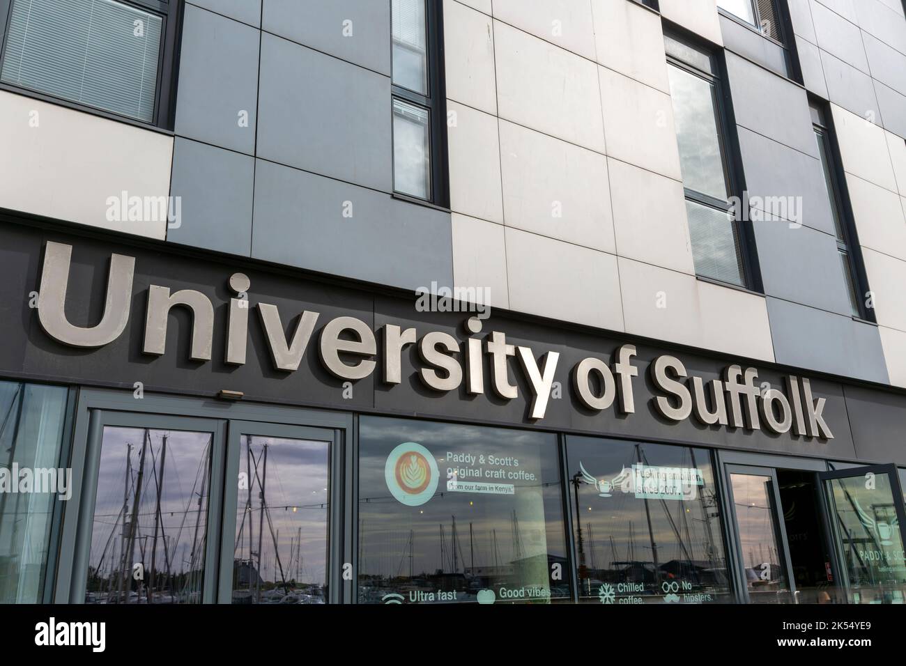 Sign for University of Suffolk on waterfront building, Ipswich, Suffolk ...