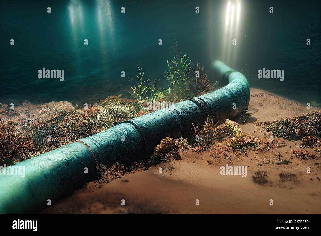 Underwater gas pipelines for gas transportation in Europe. Underwater view. Concept of climate