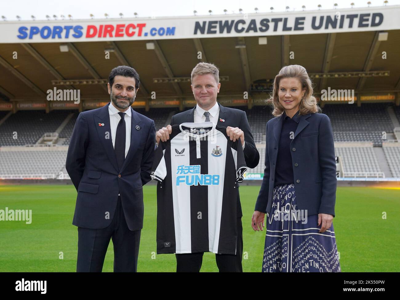 File photo dated 10-11-2021 of Newcastle club director Amanda Staveley and husband Mehrdad Ghodoussi (left) with newly appointed Newcastle United manager Eddie Howe. Newcastle's new owners celebrate a year in charge at St James' Park on Friday. Issue date: Thursday October 6, 2022. Stock Photo