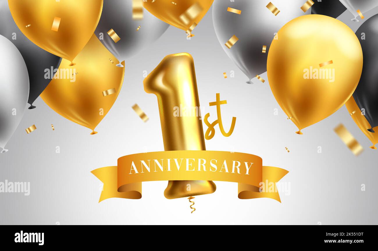 Anniversary 1st vector background design. 1st year party and event celebration with floating gold, black and white balloons for greeting card Stock Vector
