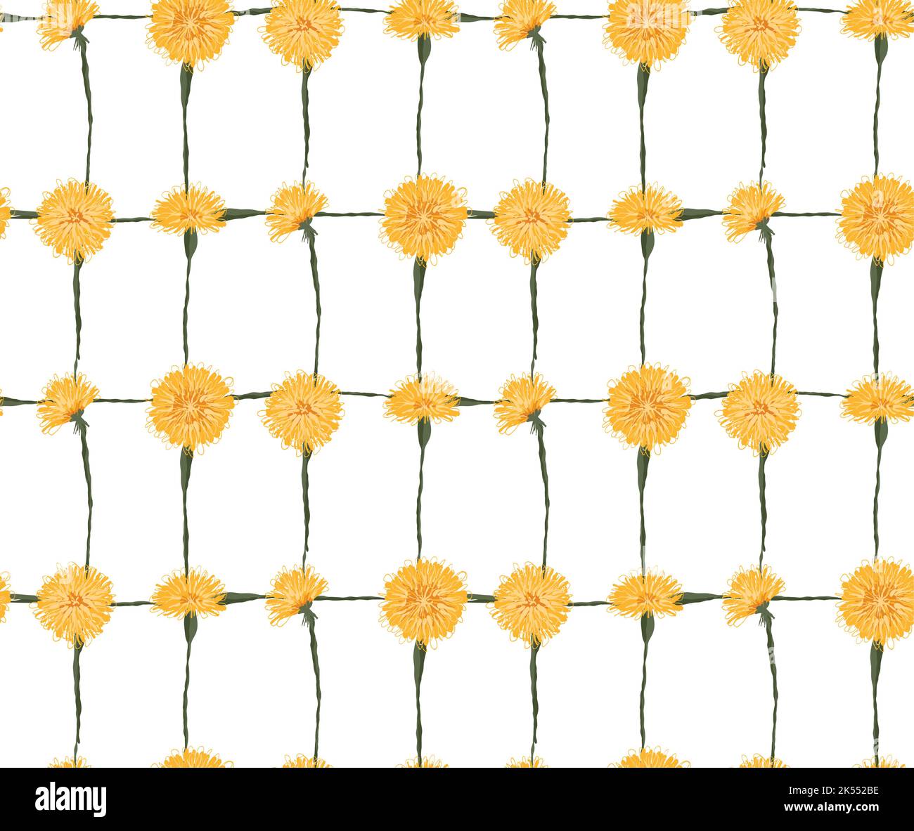 Vector pattern with sketched yellow dandelions in grid on a white background. Botanical floral checkered texture for fabrics. Wallpaper with scribble Stock Vector