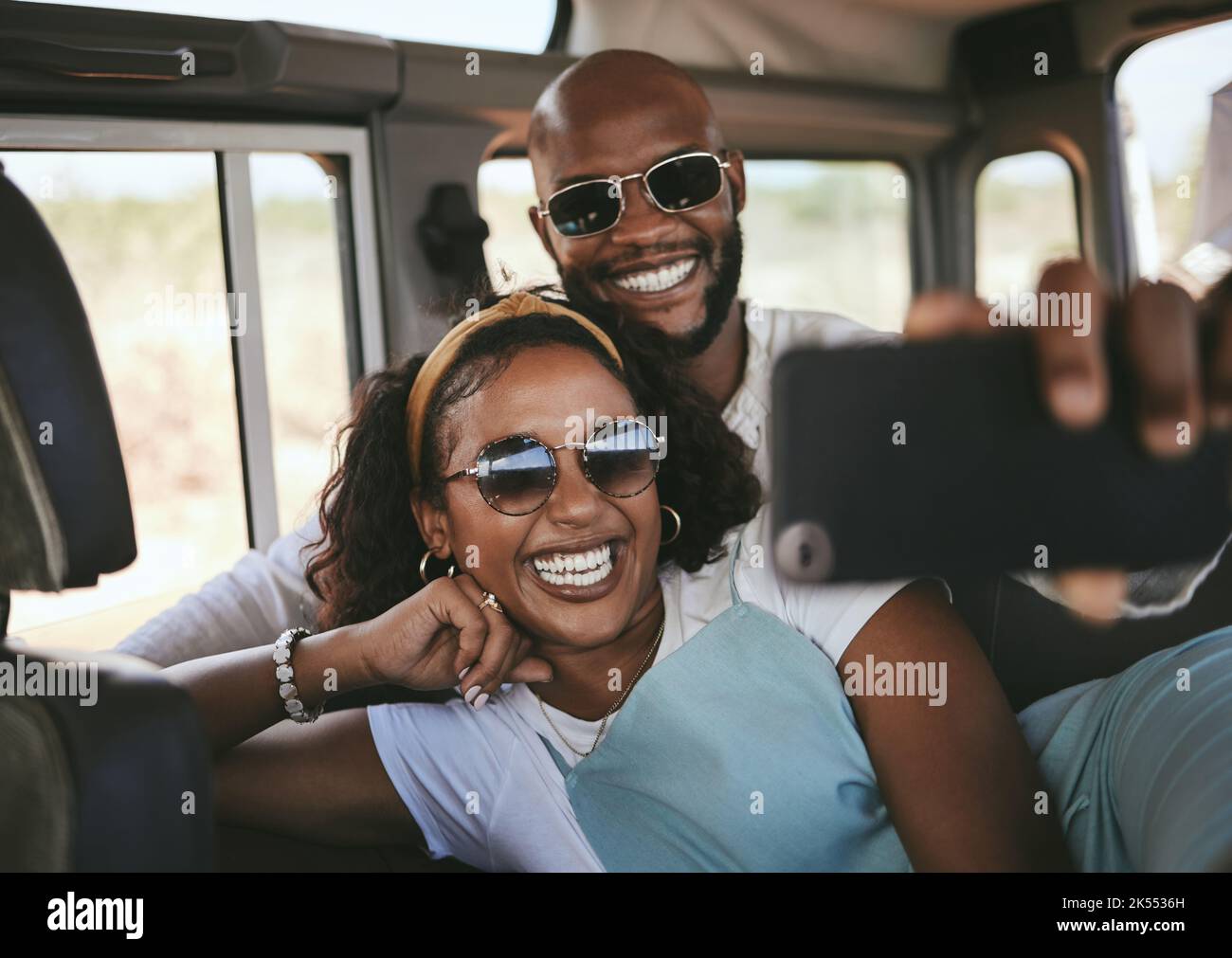 Black couple, selfie smile and phone for travel road trip in summer